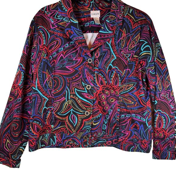 Chico's Jacket Large Size 2 Multi-Color Long Sleeve Button Front Travel Cotton - Picture 3 of 7